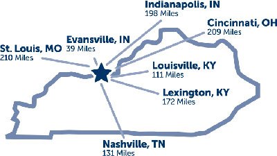 KY map with distance to cities
