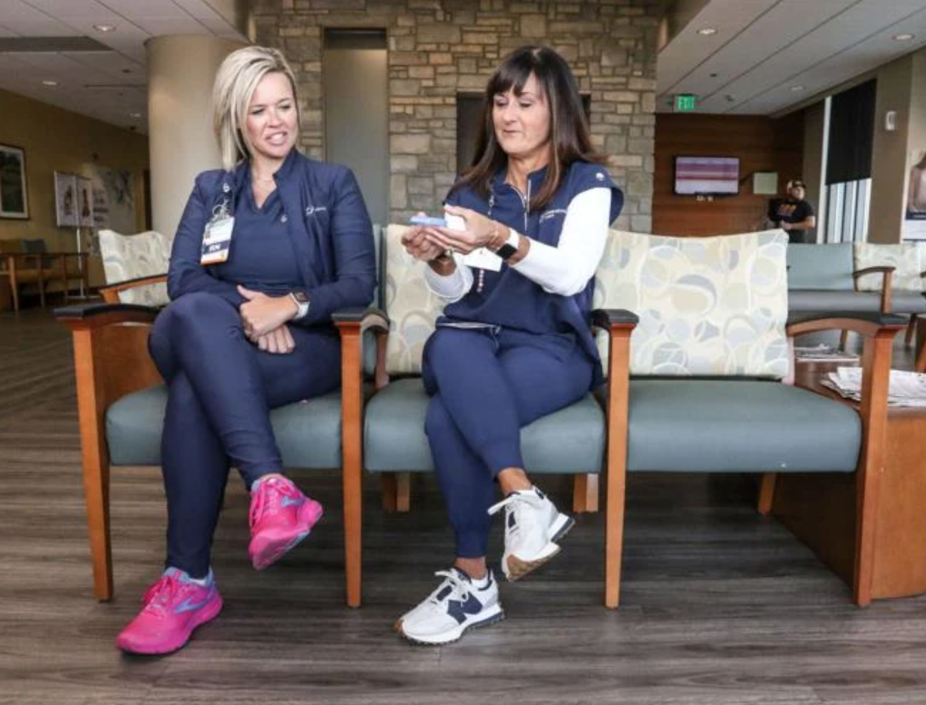 Brittany James, director of nursing for maternity services at Owensboro Health Regional Hospital, left, and Robin Locher, manager of labor and delivery, obstetrical emergency department (OBED) and antepartum at OHRH, talk about the “I Just Delivered” bracelet