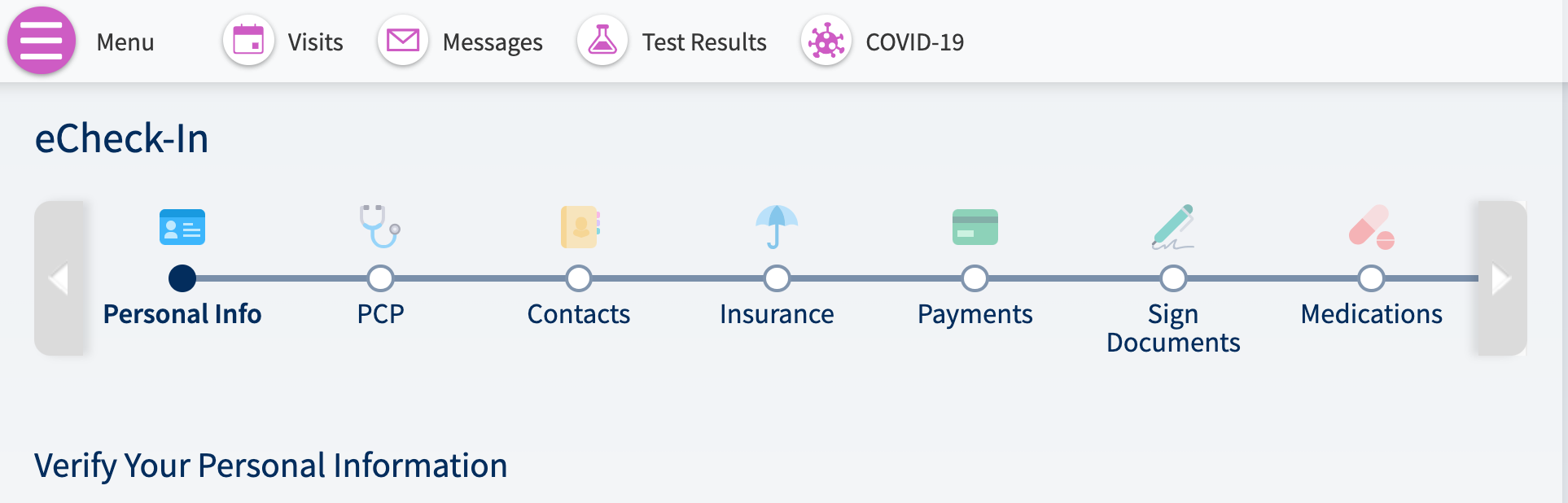 MyChart echeck-in steps screenshot