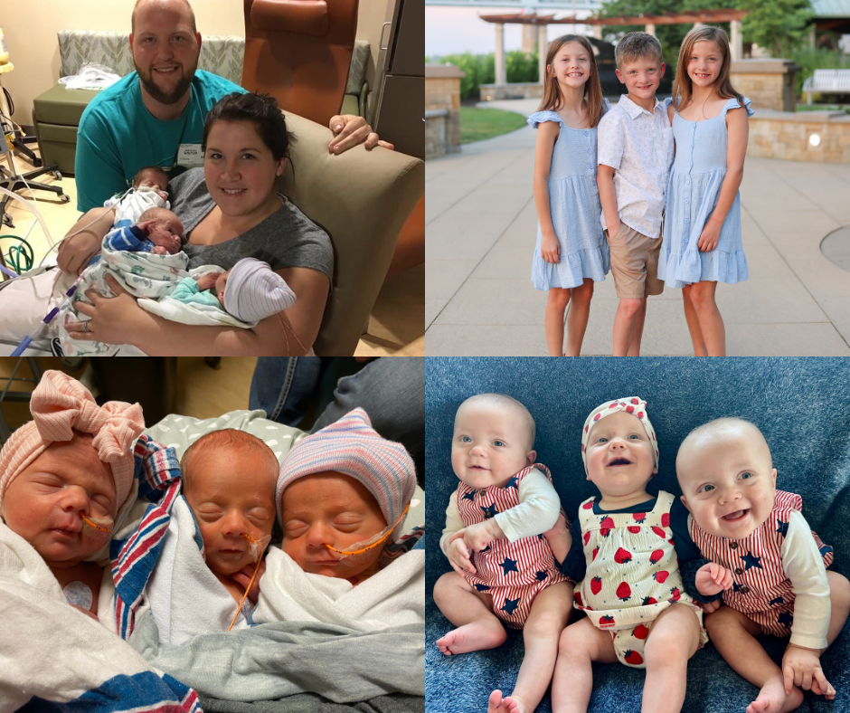 Two sets of twins are shown as newborns and their current ages