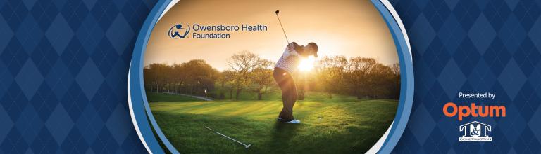 golfer playing golf. Owensboro Health logo. Presented by Optum & T&T