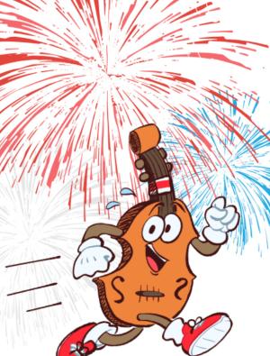 fitt fiddle running with fireworks in the background